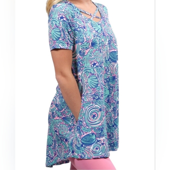 Simply Southern Tops - Simply Southern Pink and Blue SWIRLY Top Seashells Beach Small